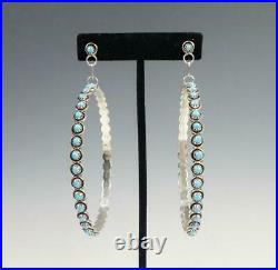 Native American Zuni Sterling Silver Turquoise Snake Eye Huge XXL Hoop Earrings