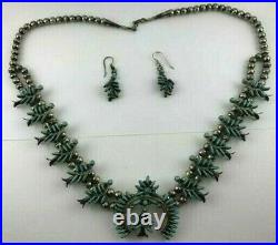Native American Zuni Sterling Silver Turquoise Squash Blossom Necklace Earrings