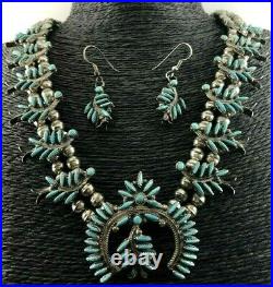 Native American Zuni Sterling Silver Turquoise Squash Blossom Necklace Earrings