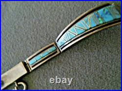 Native American Zuni Turquoise Channel Inlay Sterling Silver Watch Bracelet