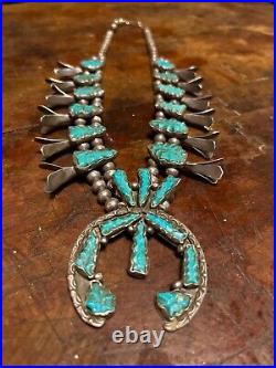 Native American Zuni Turquoise Sterling Silver Squash Blossom Necklace