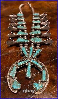 Native American Zuni Turquoise Sterling Silver Squash Blossom Necklace