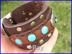Native Indian Navajo Turquoise sterling silver cuff bracelet ketoh Bison leather