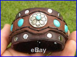 Native Indian Navajo Turquoise sterling silver cuff bracelet ketoh Bison leather