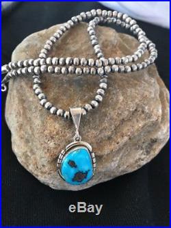 Native Sterling Silver Kingman Turquoise Necklace Pendant Signed Navajo Pearls