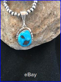 Native Sterling Silver Kingman Turquoise Necklace Pendant Signed Navajo Pearls