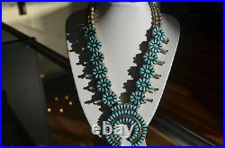 Native Turquoise Sterling Silver Squash Blossom Necklace Stunning Color 925