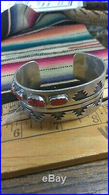 Native Vintage Pawn Navajo Sterling Silver Overlay Coral Cuff Bracelet Signed