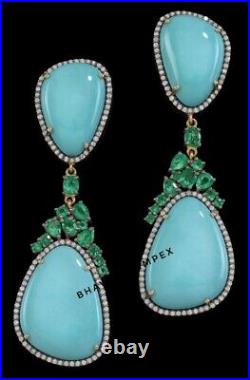 Natural Emerald, Diamond & Turquoise Earring 925 Sterling Silver Wedding Jewelry