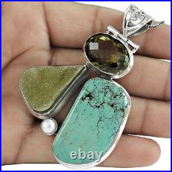 Natural Gemstone Pendant Bohemian Turquoise 925 Sterling Silver Jewelry V8