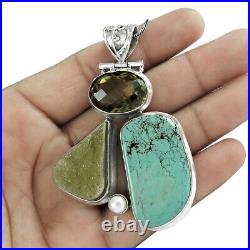 Natural Gemstone Pendant Bohemian Turquoise 925 Sterling Silver Jewelry V8