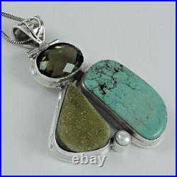 Natural Gemstone Pendant Bohemian Turquoise 925 Sterling Silver Jewelry V8