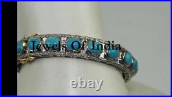 Natural Pave Diamond & Turquoise 925 Sterling Silver Bangle Victorian Jewelry