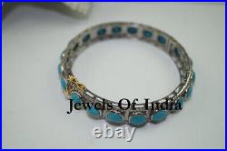 Natural Pave Diamond & Turquoise 925 Sterling Silver Bangle Victorian Jewelry