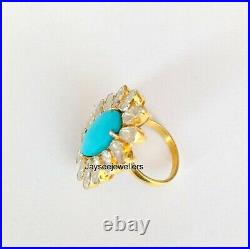 Natural Polki Diamond & Turquoise Statement Ring 925 Sterling Silver Jewelry