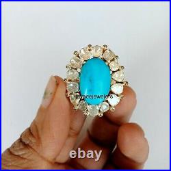 Natural Turquoise Polki Diamond Band Ring Handmade 925 Sterling Silver Jewelry