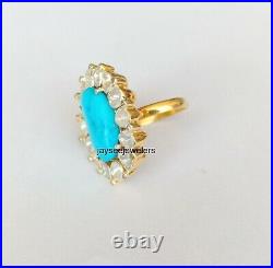 Natural Turquoise Polki Diamond Band Ring Handmade 925 Sterling Silver Jewelry