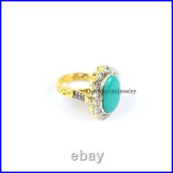 Natural Turquoise & Polki Diamond Ring 925 Sterling Silver Turquoise Ring