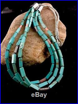 Navajo 3 Str Stabilized Blue Turquoise Pink Opal Bead Sterling Silver Necklace