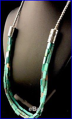 Navajo 3 Str Stabilized Blue Turquoise Pink Opal Bead Sterling Silver Necklace