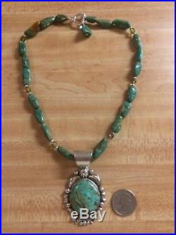 Navajo Albert Cleveland LARGE Sterling Silver Turquoise Pendant & Necklace 925