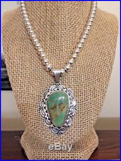 Navajo Alex Sanchez Sterling Silver Turquoise Pendant & Sterling Bead Necklace