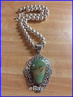 Navajo Alex Sanchez Sterling Silver Turquoise Pendant & Sterling Bead Necklace