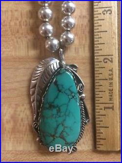 Navajo CT Sterling Silver Large Turquoise Pendant on 8mm Ball Bead Necklace 925