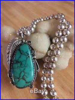 Navajo CT Sterling Silver Large Turquoise Pendant on 8mm Ball Bead Necklace 925
