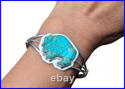 Navajo Carved Bison Kingman Turquoise Sterling Silver Cuff Bracelet Size 6.75