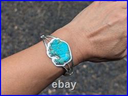 Navajo Carved Bison Kingman Turquoise Sterling Silver Cuff Bracelet Size 6.75