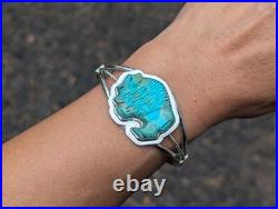 Navajo Carved Bison Kingman Turquoise Sterling Silver Cuff Bracelet Size 6.75