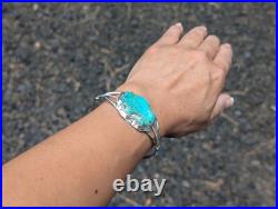 Navajo Carved Bison Kingman Turquoise Sterling Silver Cuff Bracelet Size 6.75