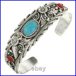 Navajo Classic Sterling Silver Turquoise, Coral Bracelet Womens Mens Cuff s6.5-7