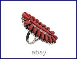 Navajo Coral Cluster Ring Davin Benally Sterling Silver Native Amer Size 7.25 9g