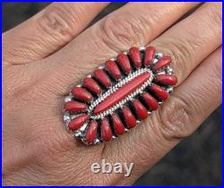 Navajo Coral Cluster Ring Davin Benally Sterling Silver Native Amer Size 7.25 9g