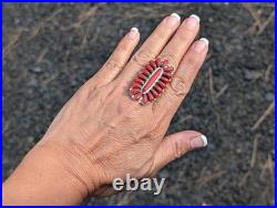 Navajo Coral Cluster Ring Davin Benally Sterling Silver Native Amer Size 7.25 9g