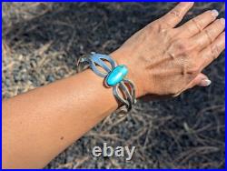 Navajo Cuff Bracelet Sterling Silver Signed NA Turquoise Jewelry Tufa Cast sz 8