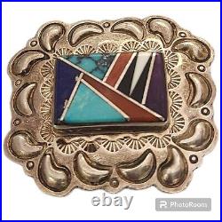 Navajo Damon & Marie Thompson Sterling Silver REPOUSSE Inlaid Pin Brooch