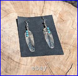 Navajo Dangle Earrings, Sterling Silver Leaves with Sleeping Beauty Turquoise