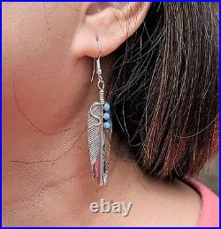 Navajo Dangle Earrings, Sterling Silver Leaves with Sleeping Beauty Turquoise