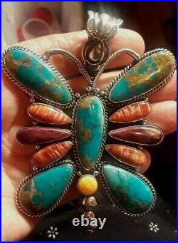 Navajo ELOISE RICHARDS Butterfly Pendant Sterling Turquoise Spiny Oyster 4 HUGE