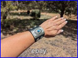 Navajo Handcrafted Leather Sterling Silver Turquoise Ketoh Bow Guard Statement