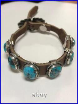 Navajo Handcrafted Sterling Silver and Kingman Turquoise leather bracelet. NLB 9