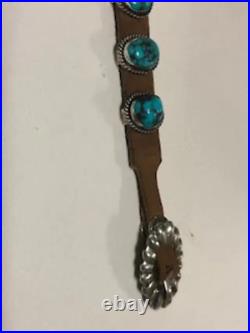 Navajo Handcrafted Sterling Silver and Kingman Turquoise leather bracelet. NLB 9