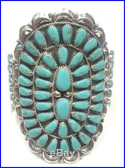 Navajo Handmade Large Turquoise Cluster Sterling Silver Cuff Bracelet J. Perry