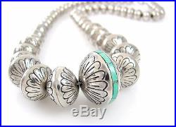 Navajo Handmade Sterling Silver Graduated Bead Turquoise Inlay Necklace RS