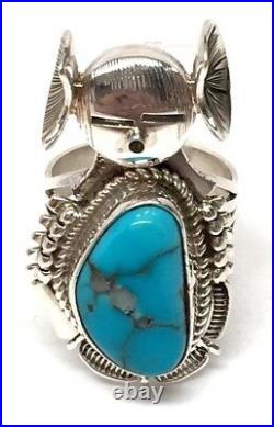 Navajo Handmade Sterling Silver Turquoise Dancer Ring Size 7.5 -Bennie Ration