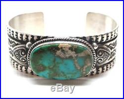 Navajo Handmade Sterling Silver Turquoise Hand stamped Bracelet -Sunshine Reeves