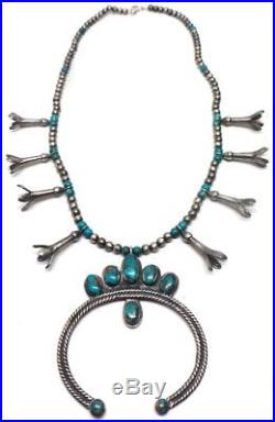 Navajo Handmade Sterling Silver Turquoise Squash Blossom Necklace